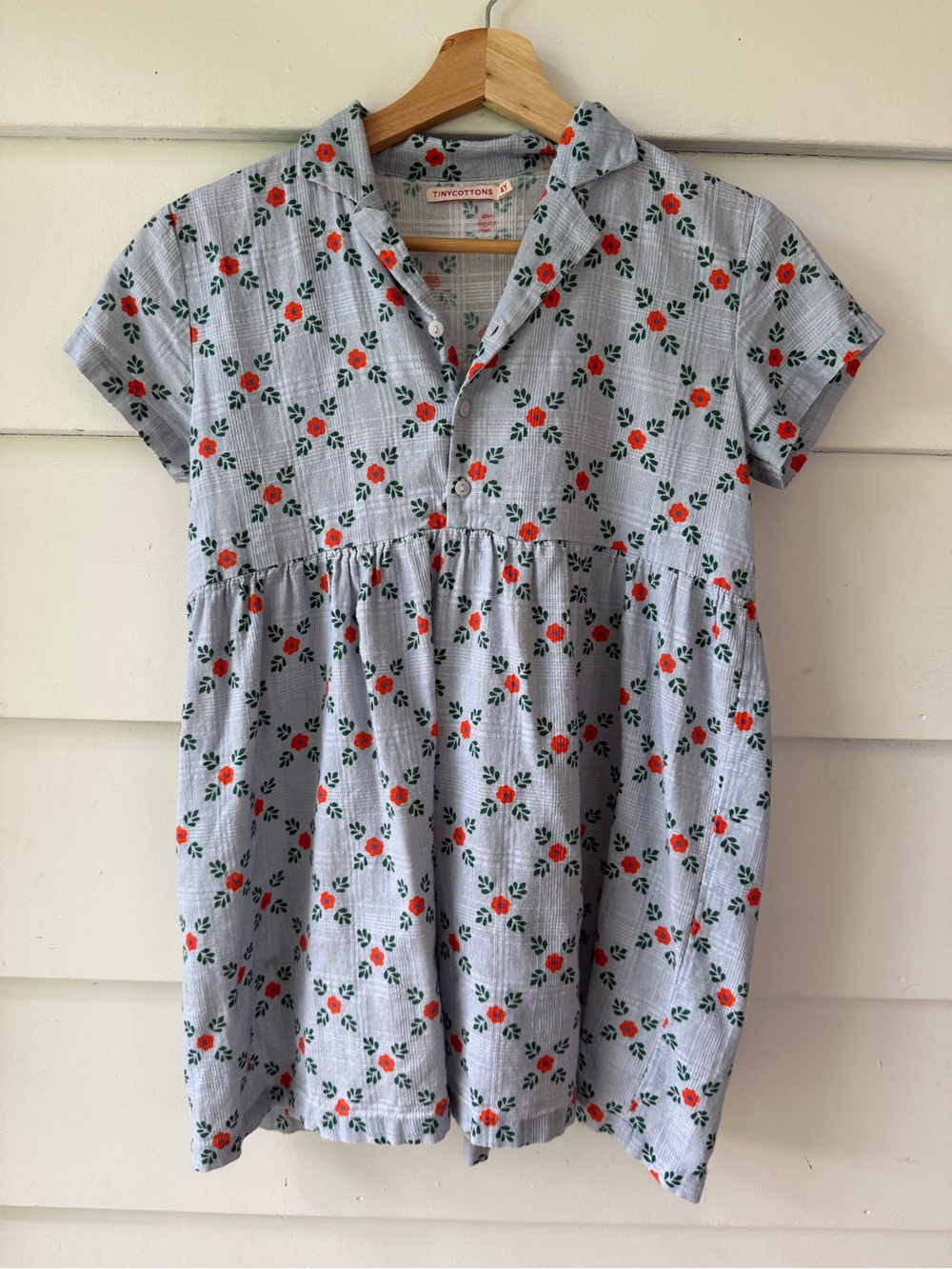 Tiny Cottons Folklore V Neck Dress, Blue Floral Girls' Short Sleeve Dress, Sz 8